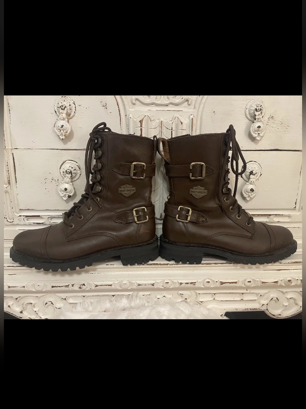 Harley-Davidson Women’s Dark Brown Leather Lace-Up Buckle Boots